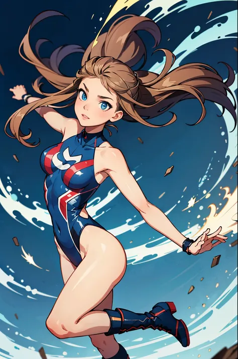 1girl, solo focus, superhero, leotard, highleg leotard, bare legs, boots, brown hair, spinning her body in rapid speed like a tornado, wind swirls, rapid gyration, tornado spinning girl, tornado spin, turning to a whirlwind, ultra highres, absurdres, beaut...