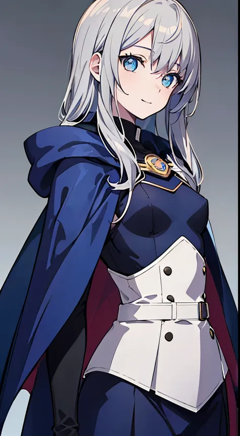 ((happy )), blue big eyes,  1  and slender woman, ((small breasts)),   ((Gray hair)),((unkempt long hair,)),In 8K, top quality, (highly detailed head: 1.0), (very detailed face: 1.0), (highly detailed hair: 1.0),((blue cape costume)), Detailed official art...