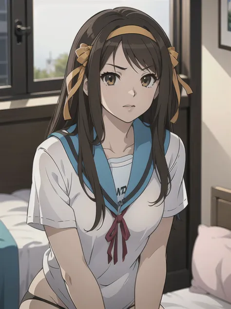 (a superb exquisite haruhi suzumiya), (haruhi suzumiya:1.5), (kyoani haruhi style uniform:1.5), brown eyes, brown hair, natural ...