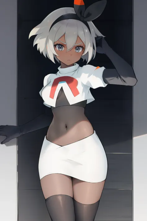 bea pokemon, black hairband, hair bow, dark-skinned female,hair between eyes, grey hair, short hair,grey eyes ,team rocket,team rocket uniform,white skirt,crop top,black thigh-highs,black elbow gloves,