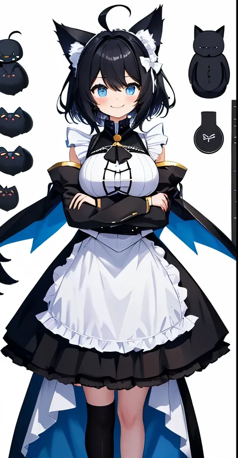 on lap,((((upright)))), ((((arms on both sides)))), looking at the viewer, simple background、white background, 1 girl, open your mouth, smile, Virtual YouTuber、with a girl、((highest quality, expensive_solve, clear_image)),(black hair), (black cat ears), (A...