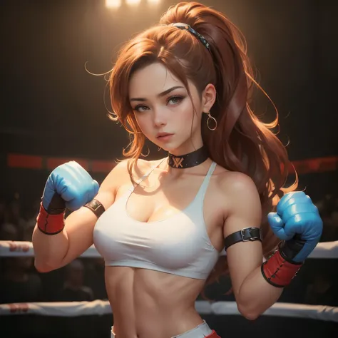 centrado, obra-prima, uma pintura de uma mulher em um ringue de boxe, trend on Artstation, Jazza e rossdraws, estilo anime hiper detalhado, Card game illustration, queixo poderoso, punching, kawacy, foto de perfil, estilo anime