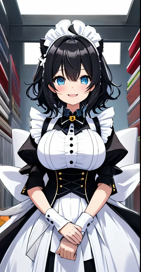 on lap,((((upright)))),  looking at the viewer, simple background、white background, 1 girl, open your mouth, smile, Virtual YouTuber、with a girl、((highest quality, expensive_solve, clear_image)),(black hair), (black cat ears), (Ahoge), (ridiculously short ...