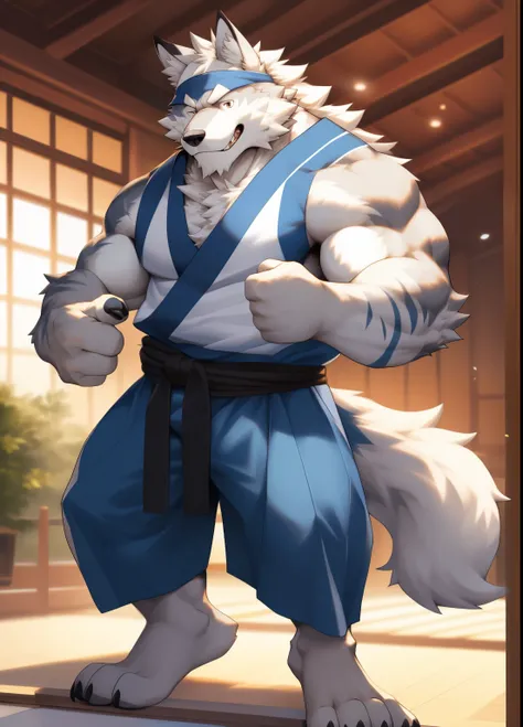 hairy，（（Wolf，Japanese Kendo Clothing，white headscarf，With a long ponytail）），white fur，male，In the Kendo Hall，Smile，Common，full body picture（（极其lifelike阴影，masterpiece，Very detailed，lifelike））， （（Cat）），dynamic poses，（（极其lifelike背景，masterpiece，Very detailed，l...