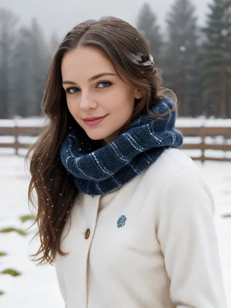 A beautiful young woman, 23Jahrealt, with long brunette hair , dunkelblaue Augen, steht elegant inmitten einer schneebedeckten Landschaft. Sie ist warm gekleidet, stylischer Pullover, ein kuscheliger Mantel, und ein modischer Schal. Her smile radiates warm...