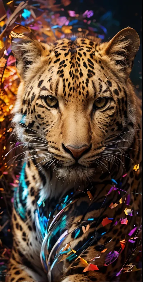 high quality, A beautifully designed leopard emerges, adorned with the vibrant hues of the electromagnetic spectrum, Its reflect the intricate patterns of electromagnetic wavelengths, showcasing a mesmerizing array of colors, From the soothing waves of rad...