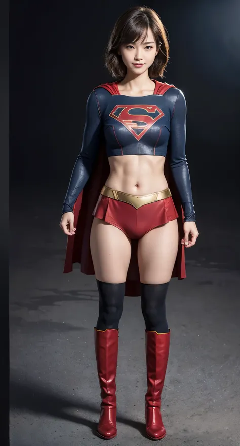 no background、short hair、supergirl costume、Make your body line stand out、Sleeping、Passing away、(((Wear black tights on your beautiful legs.torn、Tattered、being destroyed)))、(((stretch your legs、tall、Legally express the beauty of your smile)))、((((Get the mo...