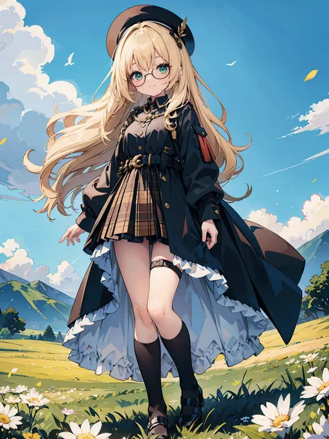 A full-body portrait of a young, cheerful woman with a light complexion. She has shoulder-length, wavy blonde hair and bright green eyes. Shes wearing a stylish black blouse with long sleeves, adorned with gold chains and buttons. A plaid skirt in shades o...