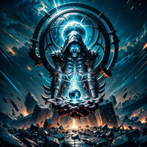a dark runic skeleton lich, black gold skeleton, magical void energy, glowing eyes, death lightning, death energy ball floating on its hand, casting a spell, energy cracking, bone hand, dressed in a luxury cloak, astral skulls floating around, earth and ro...