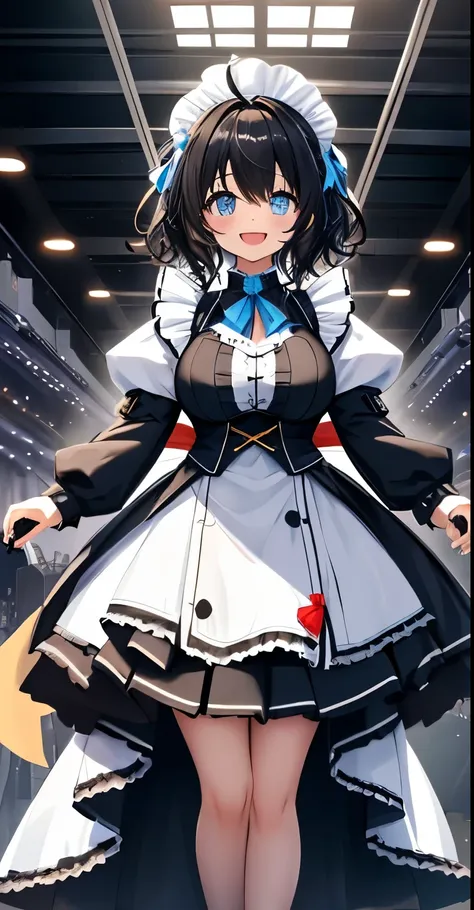 on lap,((((upright)))), ((((stand up)))), looking at the viewer, simple background、white background, 1 girl, open your mouth, smile, Virtual YouTuber、with a girl、((highest quality, expensive_solve, clear_image)),(black hair), (black cat ears), (Ahoge), (ri...