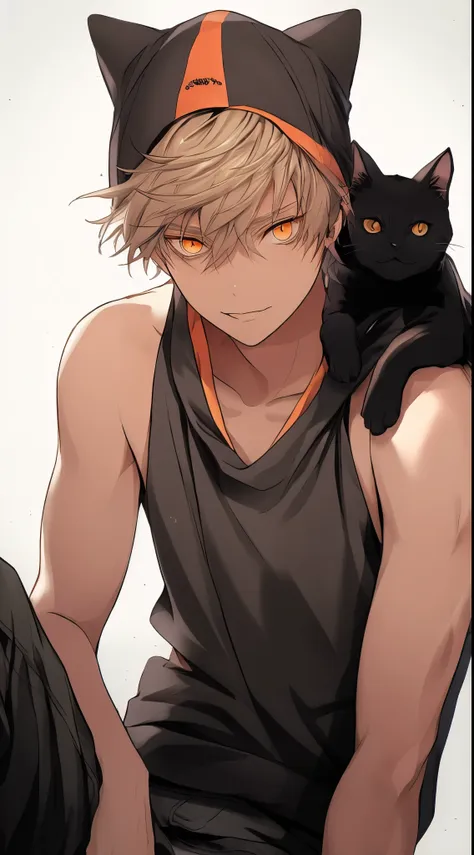 beautiful young man, blonde, short hair, orange eyes, black tank top, cool eyes, long eyes , biceps, put a black cat on your sho...