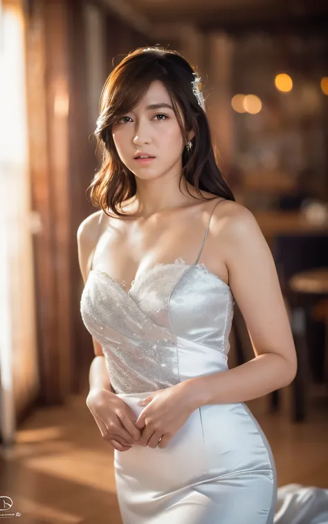 Highly detailed CG Unity 8k wallpaper, top quality, super detailed, masterpiece, realistic, photorealistic, highly detailed girl, (30 years old), blush, round eyes, medium breasts, semi-body shot, white wedding dress, kneeling