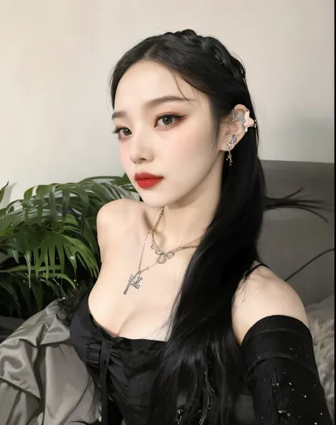 there is a woman with long black hair and a necklace on, cruel korean goth girl, pale goth beauty, 1 7 - year - young goth girl, goth girl aesthetic, belle delphine, she looks like a mix of grimes, 19-year-old girl, 18 years old, with long hair and piercin...