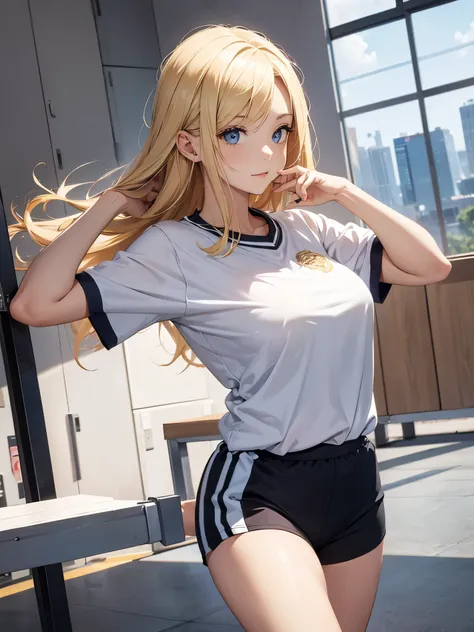 A mature girl, blonde hair, wearing sport shirt