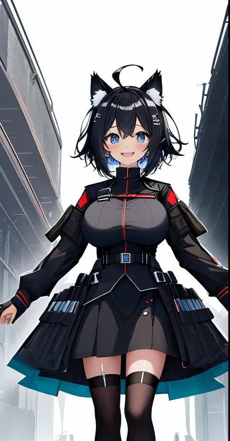 on lap,((((upright)))), ((((stand up)))), looking at the viewer, simple background、white background, 1 girl, open your mouth, smile, Virtual YouTuber、with a girl、((highest quality, expensive_solve, clear_image)),(black hair), (black cat ears), (Ahoge), (ri...