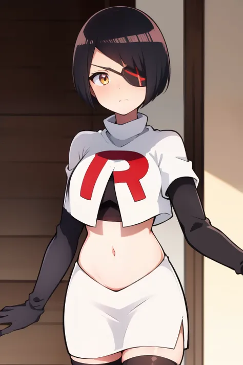 one girl, anime style, black hair, short hair, white eye patch, eye patch, medical eye patch, golden eye colour, shy, high detail, sharp image, face, team rocket,team rocket uniform,white skirt,crop top,black thigh-highs,black elbow gloves