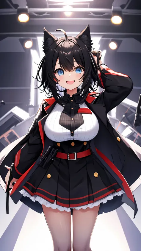 on lap,((((upright)))), ((((stand up)))), looking at the viewer, simple background、white background, 1 girl, open your mouth, smile, Virtual YouTuber、with a girl、((highest quality, expensive_solve, clear_image)),(black hair), (black cat ears), (Ahoge), (ri...