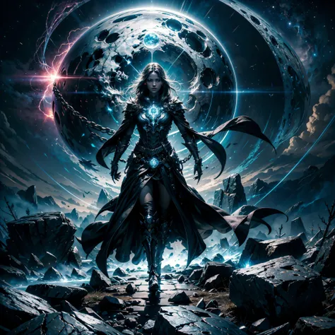 a dark runic skeleton lich, black gold skeleton, magical void energy, glowing eyes, death lightning, death energy ball floating on its hand, casting a spell, energy cracking, bone hand, dressed in a luxury cloak, astral skulls floating around, earth and ro...