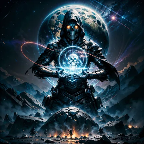 a dark runic skeleton lich, black gold skeleton, magical void energy, glowing eyes, death lightning, death energy ball floating on its hand, casting a spell, energy cracking, bone hand, dressed in a luxury cloak, astral skulls floating around, earth and ro...