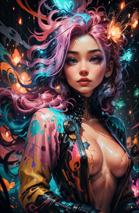 A stunning woman with vibrant neon hair, glowing in the midst of galaxy formations, painted by david diaz and sakimichan, detailed and realistic textures, vibrant colors, surreal and mysterious, hyperrealistic, modern art, digital painting, trending in Art...