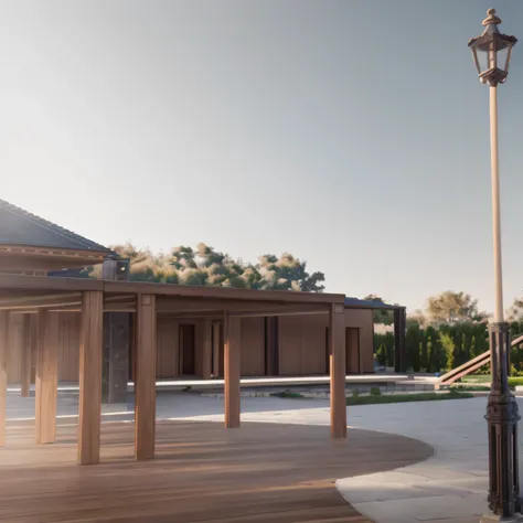 Rendering of a gazebo with a wooden roof and a wooden roof, detail render, detailed Rendering, architecture rendering, digital Rendering, architectural concept, conceptual Rendering, low angle dimetric Rendering, landscape rendering, Rendering, desenho con...