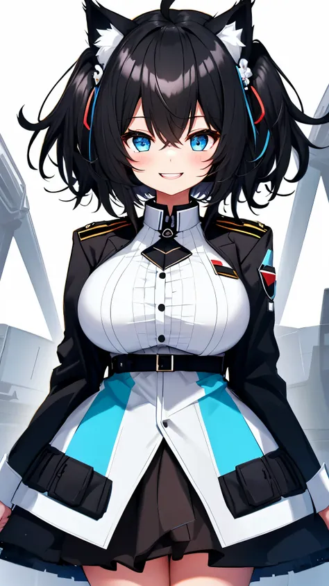 on lap,((((upright)))), ((((stand up)))), looking at the viewer, simple background、white background, 1 girl, open your mouth, smile, Virtual YouTuber、with a girl、((highest quality, expensive_solve, clear_image)),(black hair), (black cat ears), (Ahoge), (ri...