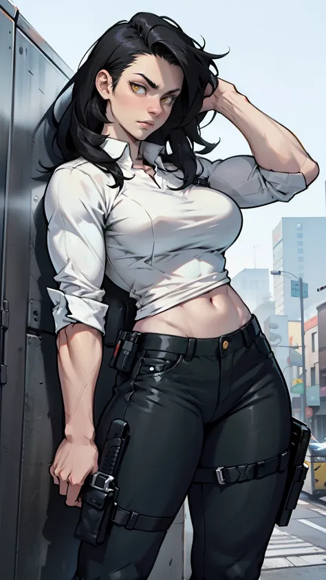 expressionless holster pale skin black hair yellow eyes muscular girl thick breasts holster tight shirt tight pants