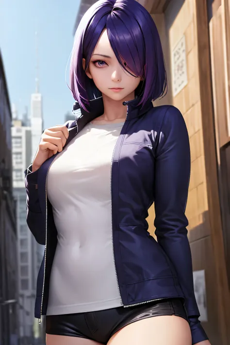 1girl, ((best quality)), ((masterpiece)), ((realistic)), (detailed), (perfect face), (one eyes gone with long bangs), (Touka Kirishima), navy purple hair, bob hairstyle, beautiful, purple eyes, black jaket, badass poses, half body, building background, por...