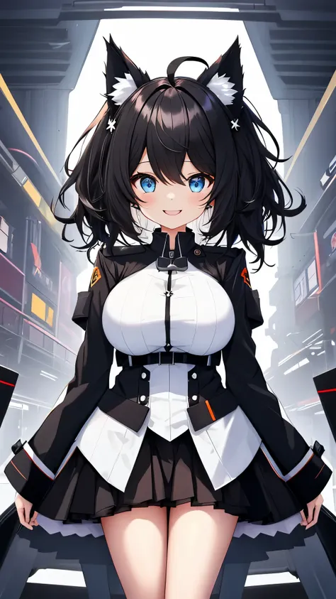 on lap,((((upright)))), ((((stand up)))), looking at the viewer, simple background、white background, 1 girl, open your mouth, smile, Virtual YouTuber、with a girl、((highest quality, expensive_solve, clear_image)),(black hair), (black cat ears), (Ahoge), (ri...