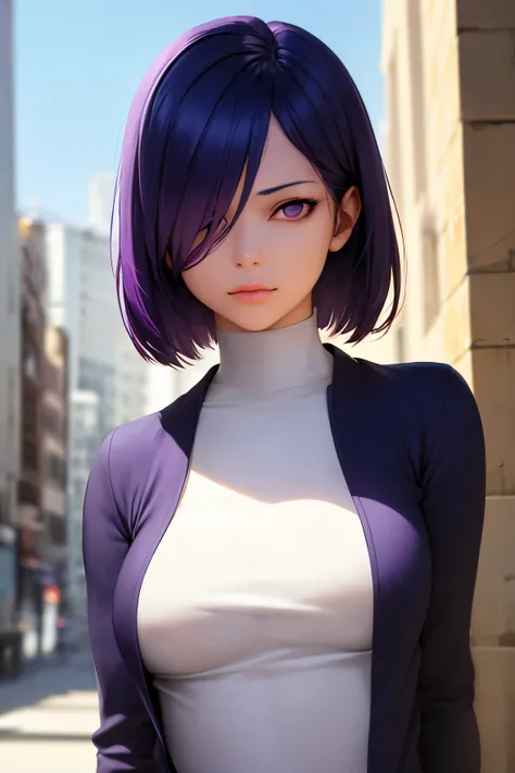 1girl, ((best quality)), ((masterpiece)), ((realistic)), (detailed), (perfect face), (one eyes gone with long bangs), (Touka Kirishima), navy purple hair, bob hairstyle, beautiful, purple eyes, blue jaket, badass poses, half body, building background, port...