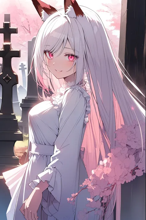 anime, (masterpiece, best quality, ultra-detailed), (graveyard background), (beautiful detailed face), high contrast, 1 girl (solo, happy face, mature girl, slim body, white hair with pink accent, long hair, high detail eyes, glowing red eyes, fox ears, wh...