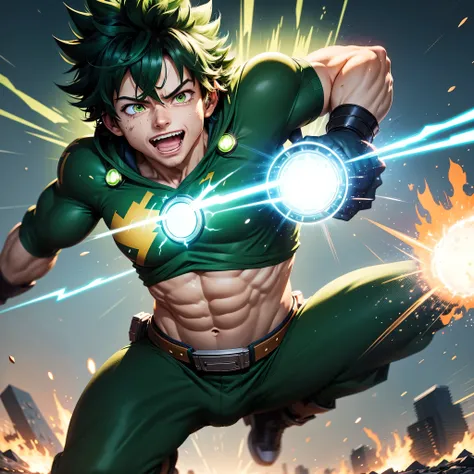 mt quality,ultra-detalhado,Realistic,cores brilhantes e vibrantes,studio lighting,Physically-based rendering,Deku de My Hero Academia,olhos verdes e castanhos detalhados,energetic facial expression,messy green hair,Green hero costume with lightning symbol,...