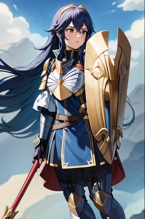 brvlucy, tiara, cape, full armor, breastplate, gauntlets, armored legwear, holding a shield