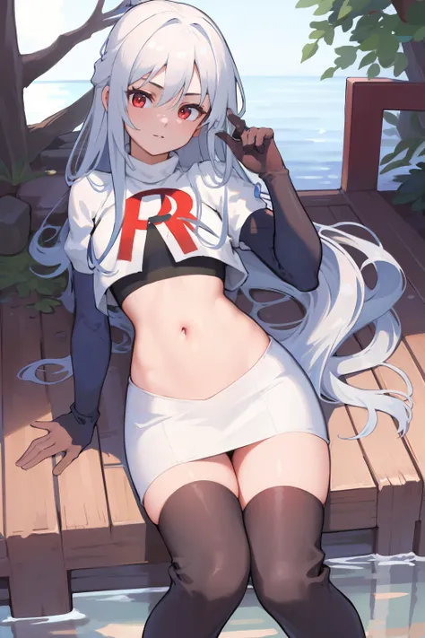 (8k uhd, masterpiece, best quality, high quality, absurdres, ultra-detailed, detailed background), JingliuV5, 1girl, solo, red eyes, looking at viewer, navel, jewelry, team rocket,team rocket uniform,white skirt,crop top,black thigh-highs,black elbow glove...