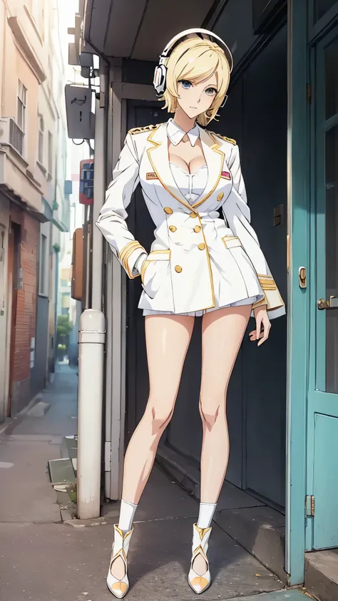 (((White Headphone))), (((Blonde))), (((Tall))), (((Slender))), (((Uniform))), cleavage, (((Beautiful face))), (((anime))), (((Pastel))), (((Beautiful Legs)))