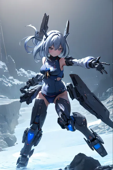 (highest quality)), ((masterpiece)), (very detailed: 1.3), 3D, (wear dark blue Old School Swimsuit under armor:1.3), 1 girl, (She is fused with futuristic Gundam mecha:1.3), with headgear, add v-fin to the forehead, armored shoulders,armored under arms, ar...