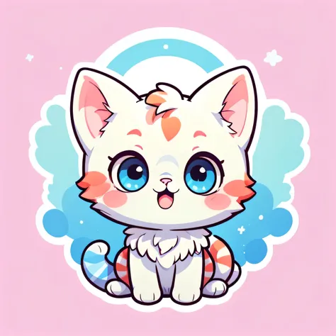 the digital painting of a colored head kitten on a pink background with a funny furr, creative logo of a cat, kawaii style, white fur, rainbow locks of furr, vector, illustration logo, white background, solo, HD, high quality, (non human), (simple backgrou...