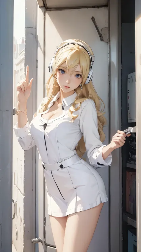 (((White Headphone))), (((Blonde))), (((Tall))), (((Slender))), (((Uniform))), cleavage, (((Beautiful face))), (((anime))), (((Pastel))), (((Beautiful Legs)))