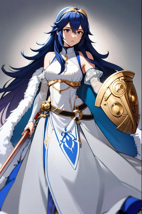 exlucy, tiara, white dress, detached sleeves, blue cape, fur trim, holding a shield with left arm, holding a sword with right ar...