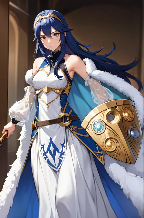 exlucy, tiara, white dress, detached sleeves, blue cape, fur trim, holding a shield with left arm, holding a sword with right ar...