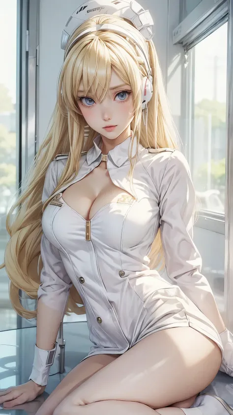 (((White Headphone))), (((Blonde))), (((Tall))), (((Slender))), (((Uniform))), cleavage, (((Beautiful face))), (((anime))), (((Pastel))), (((Beautiful Legs)))