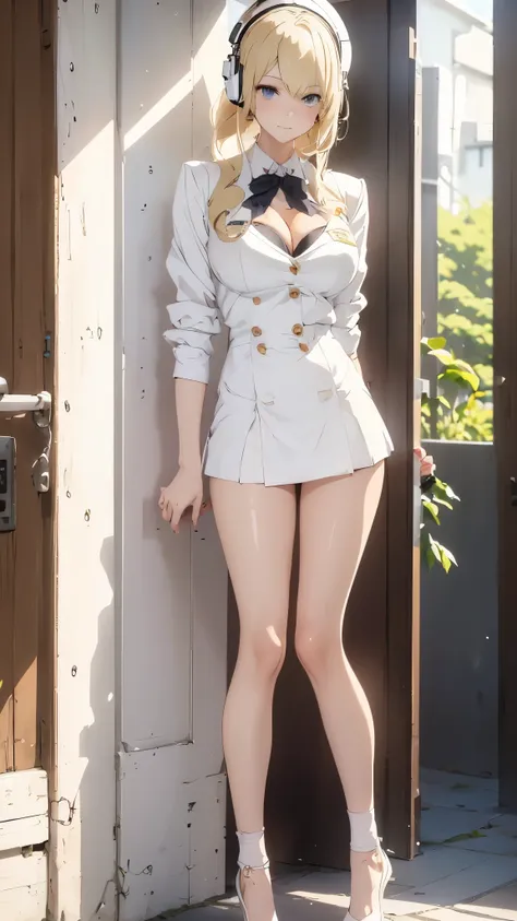 (((White Headphone))), (((Blonde))), (((Tall))), (((Slender))), (((Uniform))), cleavage, (((Beautiful face))), (((anime))), (((Pastel))), (((Beautiful Legs)))