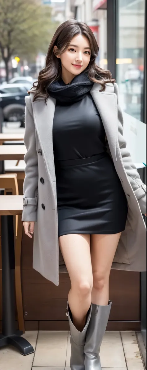 (8k, RAW photos, top quality, masterpiece: 1.2, ultra detailed, super resolution, real photos: 1.37), (Full body photo), 1 noble elegant Japanese lady, (standing contrapposte), winter season, ((black color coodinate, wearing over-size nouton coat, winter f...