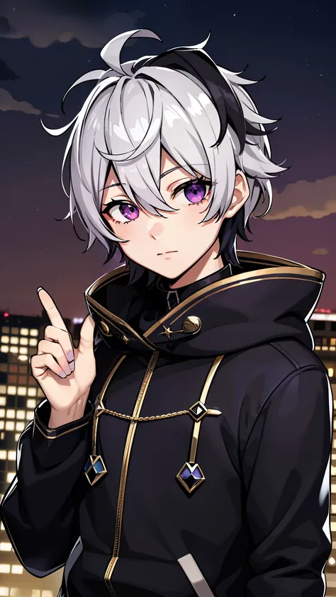 (high-quality, breathtaking),(expressive eyes, perfect face) 1male, male , solo, teenager, short hair length, wavy curly hair, messy hair, white and black hair color, multicolored hair, deep purple eye color, music, mature, haunting twilight background, sl...