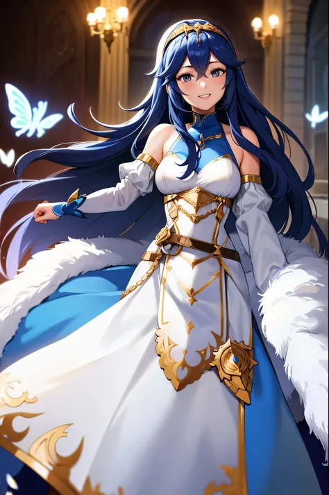 exlucy, tiara, white dress, detached sleeves, blue cape, fur trim, big happy smile, swarm of blue butterflies