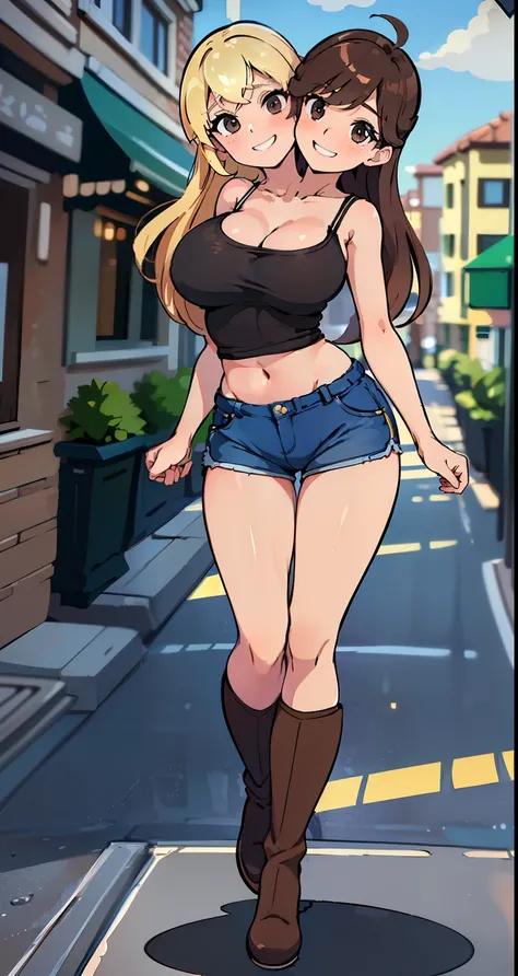 bbest quality, (masterpiece),(ultra-detailed), (high quality), (high resolution), (2heads:1.5) Gal, (blonde short hair(, (brown long hair), large breasts, thighs, shorts, cleavage, blue mini shorts, (close shot),best quality:1.5, highres, UHD, 4K), city st...