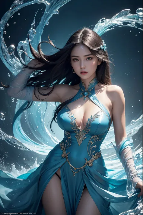 A 20-year-old female mage with water manipulation abilities stands as the centerpiece of a masterpiece. She is portrayed in a majestic pose, wearing a flowing goddess dress that accentuates her curves. With her beautifully detailed eyes sparkling with magi...