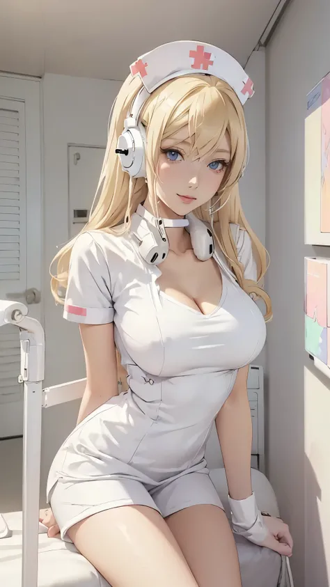 (((White Headphone))), (((Blonde))), (((Tall))), (((Slender))), (((Nurse))), cleavage, (((Beautiful face))), (((anime))), (((Pastel))), (((Beautiful Legs)))