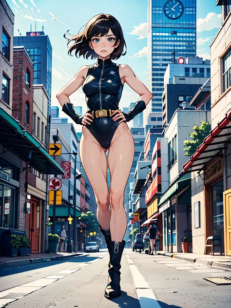 1girl, superhero, leotard, bare legs, boots, standing, solo focus, tight belt, hands on hip, full body shot, mature lady, city backdrop, sleeveless, ultra highres, absurdres, beautiful face, detailed eyes, symmetric eyes, {{only five fingers}}