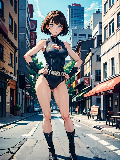 1girl, superhero, leotard, bare legs, boots, standing, solo focus, tight belt, hands on hip, full body shot, mature lady, city backdrop, sleeveless, ultra highres, absurdres, beautiful face, detailed eyes, symmetric eyes, {{only five fingers}}